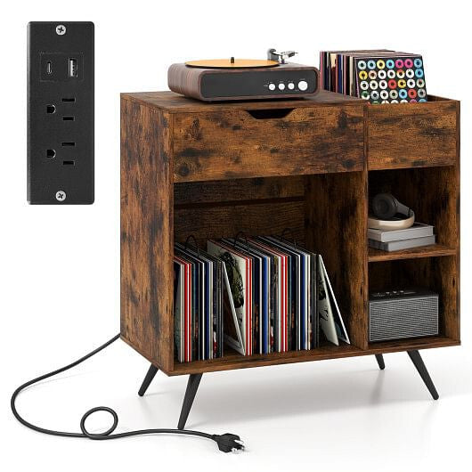 Record Player Stand with Power Outlet-Rustic Brown-1